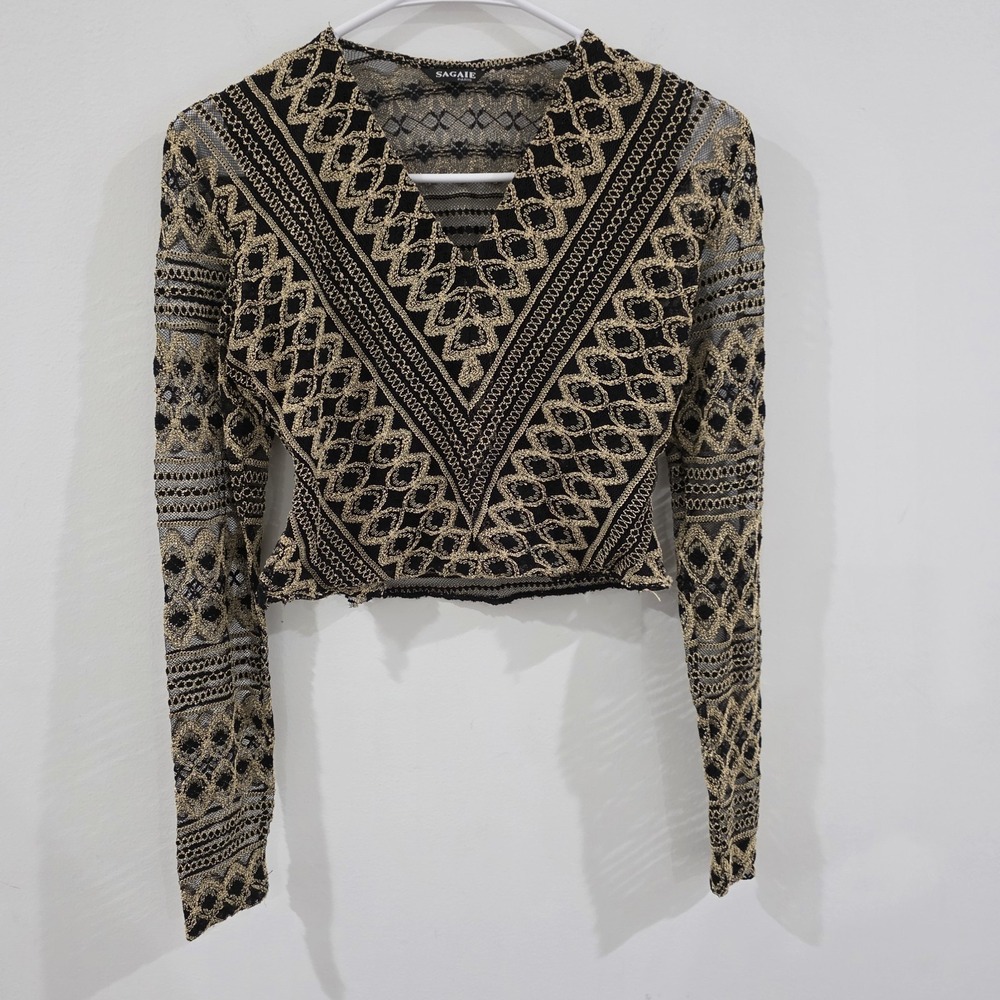 Sagaie Paris Womens Crop Top Size Small‎ Gold Black Knit